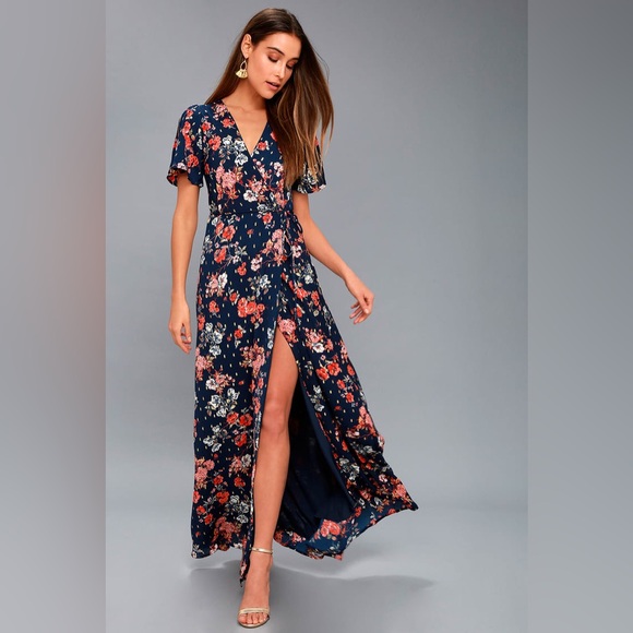 Lulus Dresses & Skirts - Lulus Divine Days Navy Blue Floral Print Wrap Maxi Dress Size Small